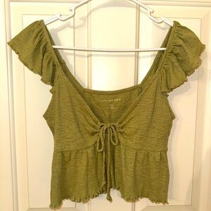 American Eagle Outfitters Sage Green Tie-Front Blouse